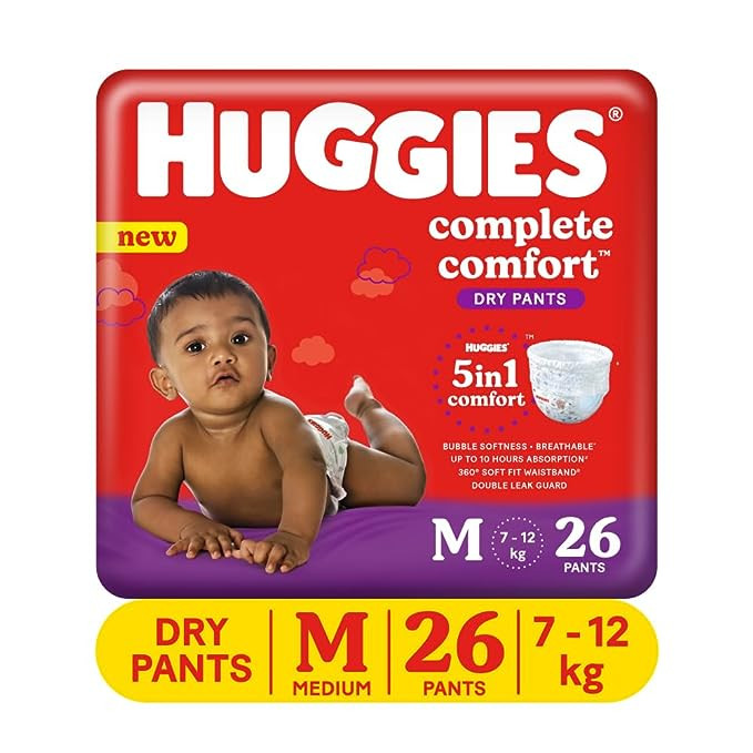 Huggies Complete Comfort Dry Pants Medium (M) Size Baby Diaper Pants, 26 count, with 5 in 1 Comfort