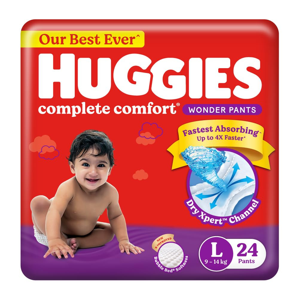 Huggies Complete Comfort Wonder Pants Large (L) Size (9-14 Kgs) Baby Diaper Pants, 24 count| India's Fastest Absorbing Diaper with upto 4x faster absorption | Unique Dry Xpert Channel