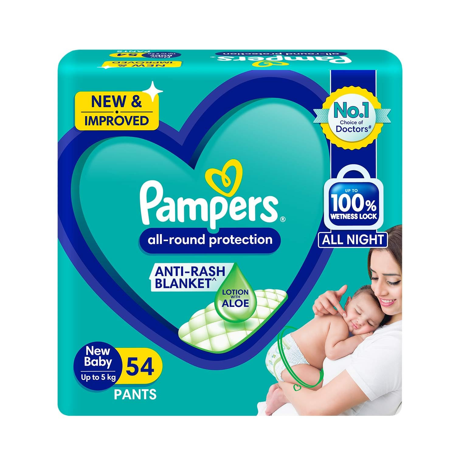 Pampers All Round Protection Pants, New Born/Extra Small (NB/XS) Size, 54 Count, Pant Style Baby Diapers, Anti Rash Blanket, Lotion with Aloe Vera, Up to 5kg Diapers