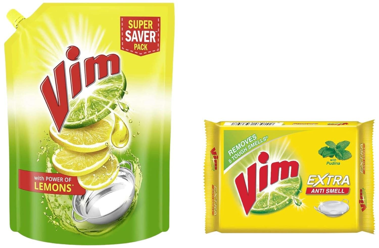 Vim Dishwash Liquid Gel Lemon, With Lemon Fragrance, 500 ml Refill Pouch & Vim Dishwash Anti Smell Bar, Pudina, Removes Tough Food Smells From Utensils 250 g COMBO