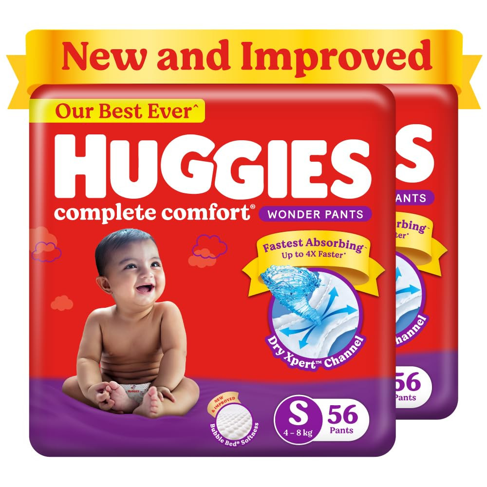 Huggies Complete Comfort Wonder Pants Small (S) Size (4-8 Kgs) Baby Diaper Pants, 112 count| India's Fastest Absorbing Diaper with upto 4x faster absorption