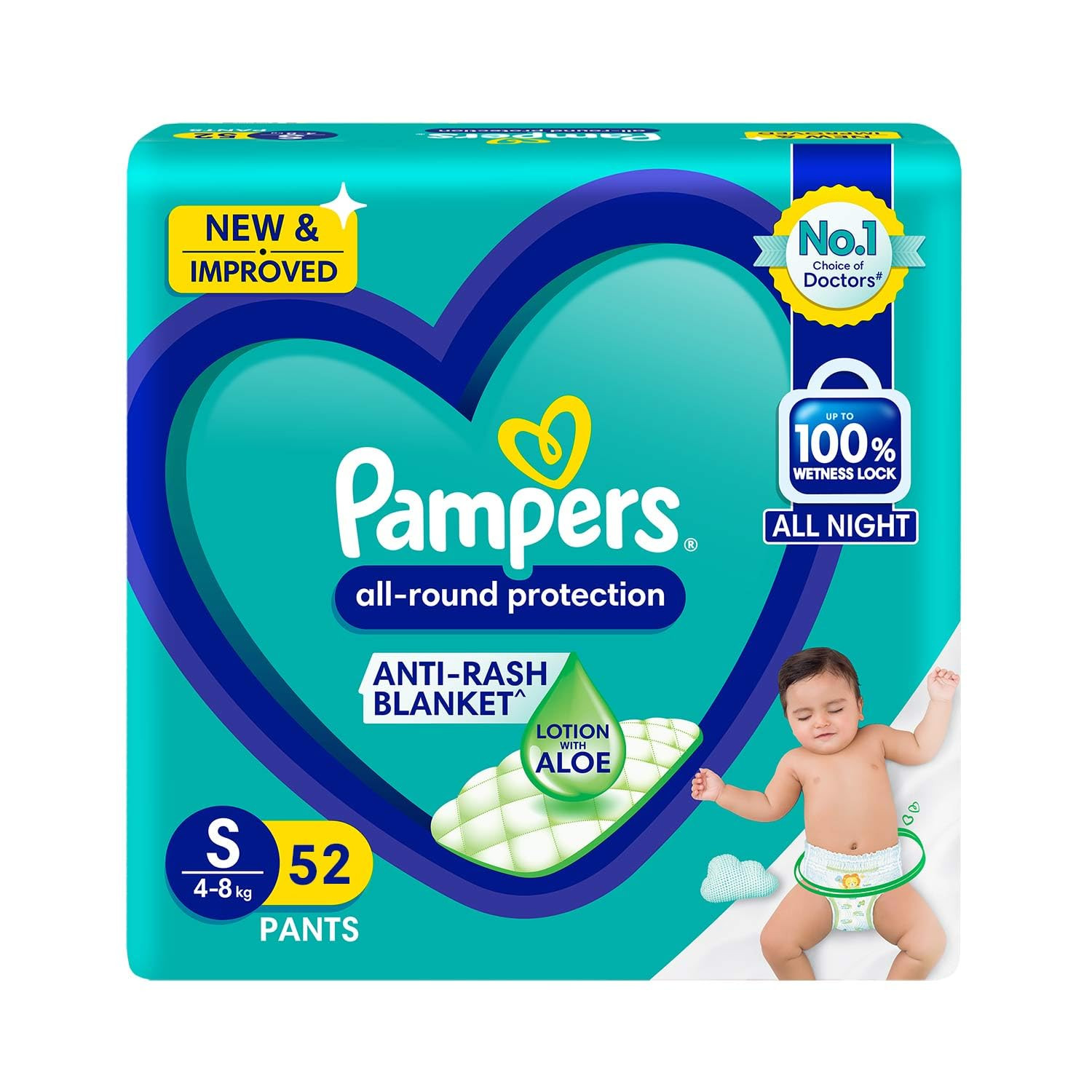 Pampers All round Protection Pants Style Baby Diapers, Small (S) Size, 52 Count, Anti Rash Blanket, Lotion with Aloe Vera, 4-8kg Diapers