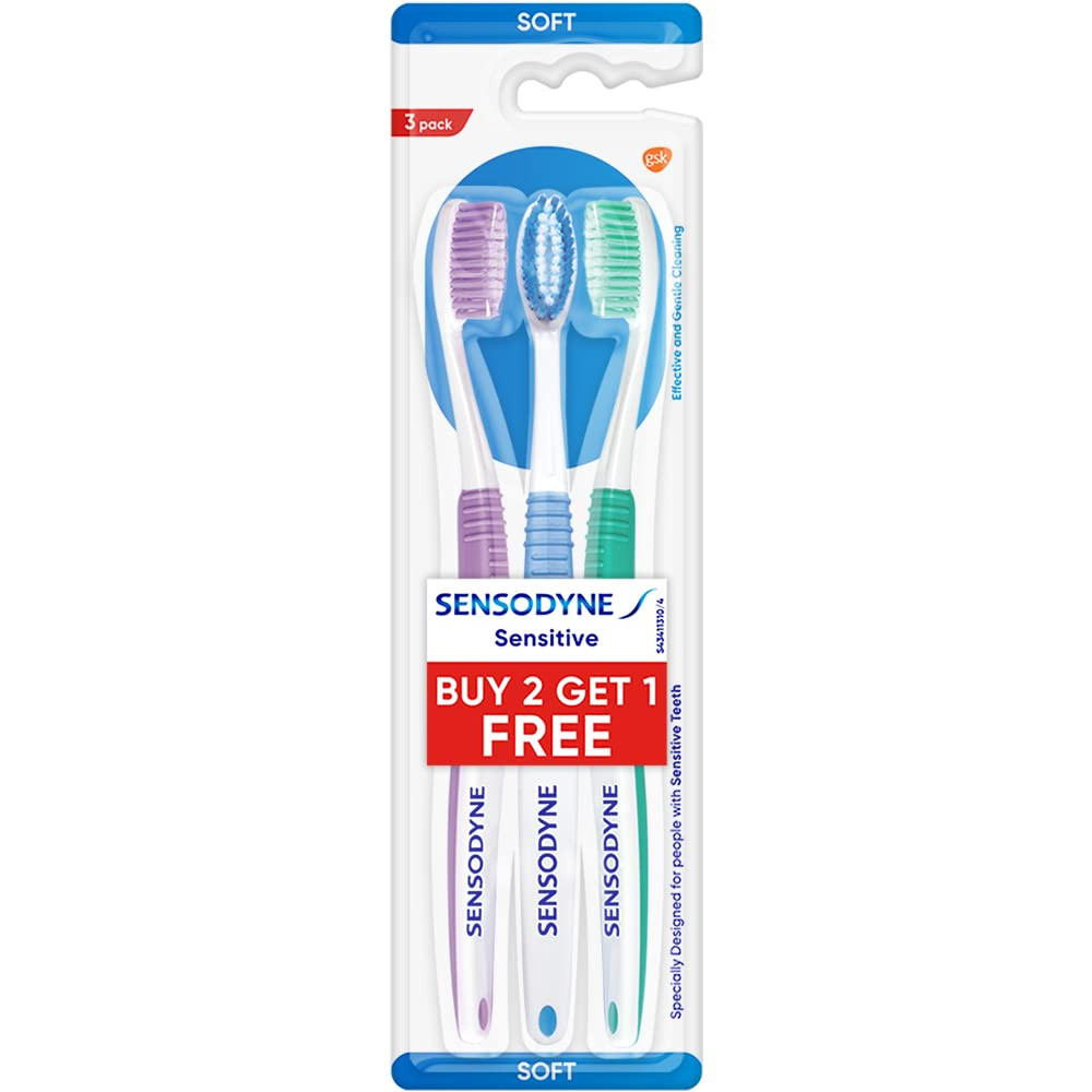 Sensodyne Toothbrush: Sensitive toothp brush with soft rounded bristles for adults, 3 pieces (Manual,Multicolor,Buy 2 Get 1 free)