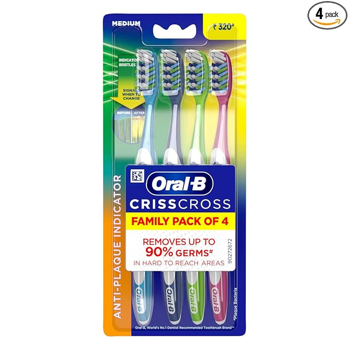 Oral B Criss Cross - Family pack of 4 toothbrushes – Medium,for adults,Manual,Multicolor