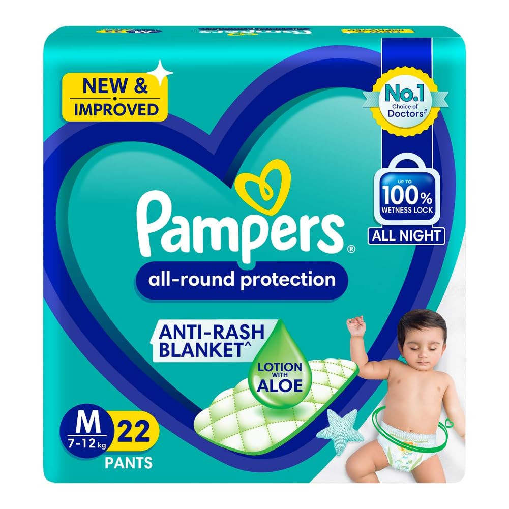 Pampers All round Protection Pants, Medium size baby diapers (MD) 22 Count, Anti Rash diapers, Lotion with Aloe Vera