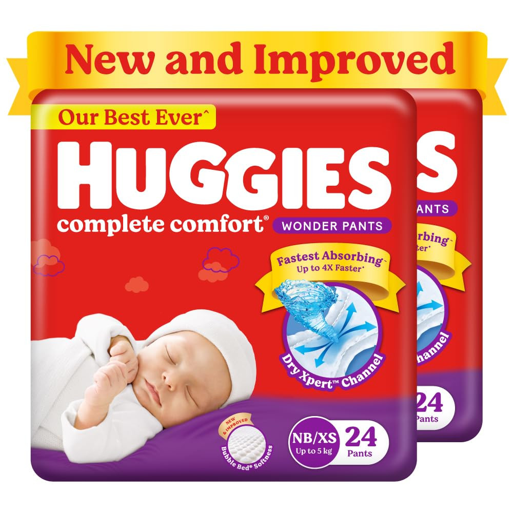 Huggies Complete Comfort Wonder Pants Newborn / Extra Small(Nb/Xs)Size(Up To 5 Kg)Baby Diaper Pants,24 Count,India'S Fastest Absorbing Diaper With Upto 4X Faster Absorption
