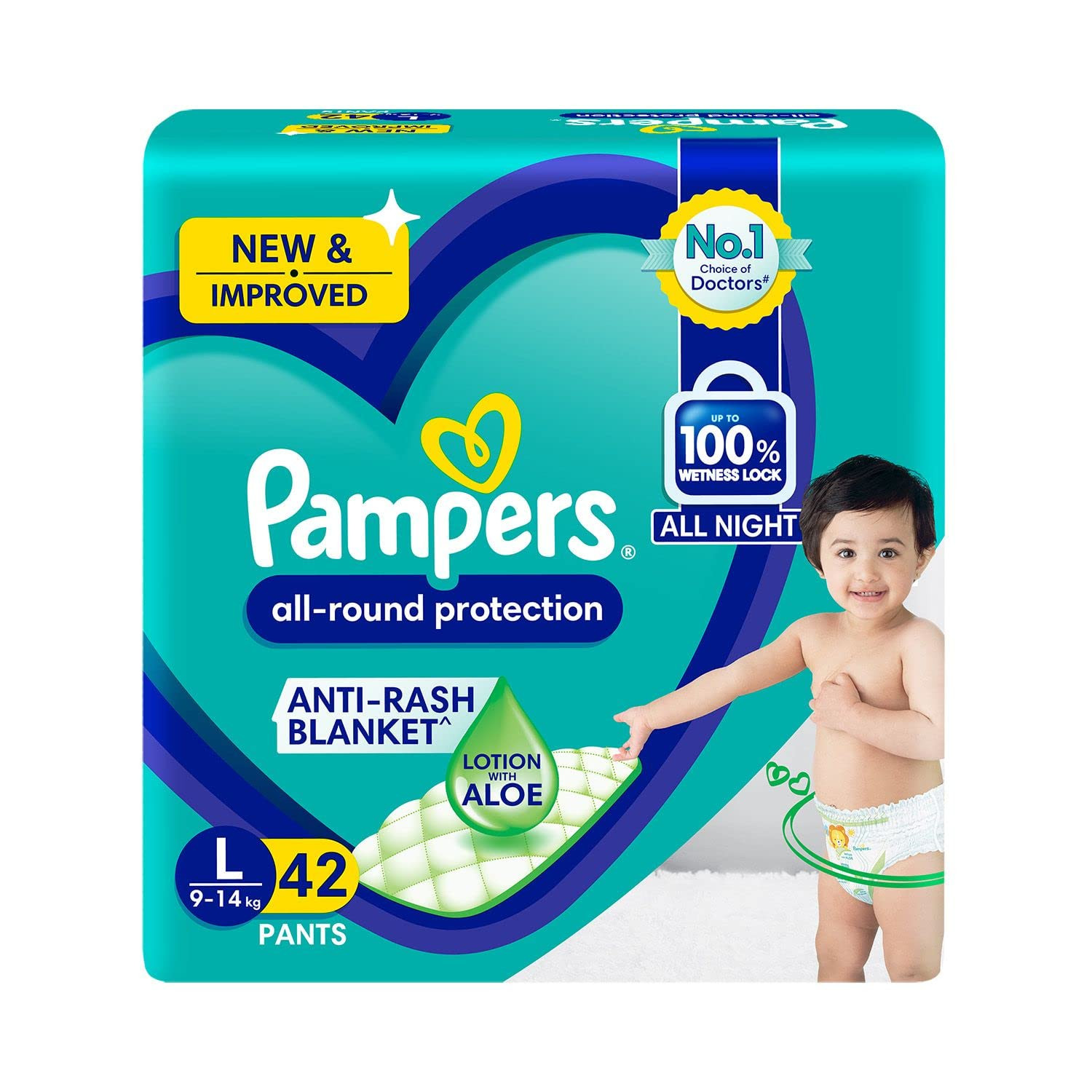 Pampers All round Protection Pants, Large size baby Diapers, (L) 42 Count Lotion with Aloe Vera