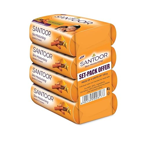 Santoor Skin Moisturizing Sandal & Turmeric Bathing Soap with Nourishing & Anti-Aging Properties| For Soft & Smooth and Younger-Looking Skin| For All Skin Types| Pack of 4, 125g