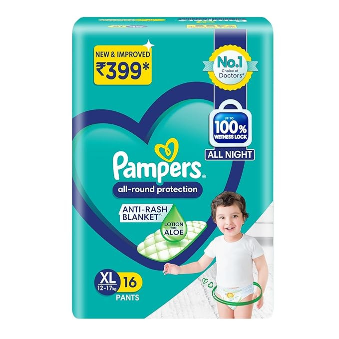Pampers All Round Protection Pant Style Baby Diapers, X-Large (XL), 16 Count, Anti Rash Blanket, Lotion with Aloe Vera, 12-17 Kg Diapers